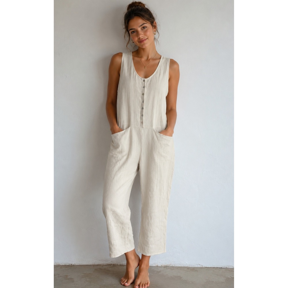 Grade & Gather Gauze Button Jumpsuit Cottagecore Prairie Boho Chic Beach Coastal